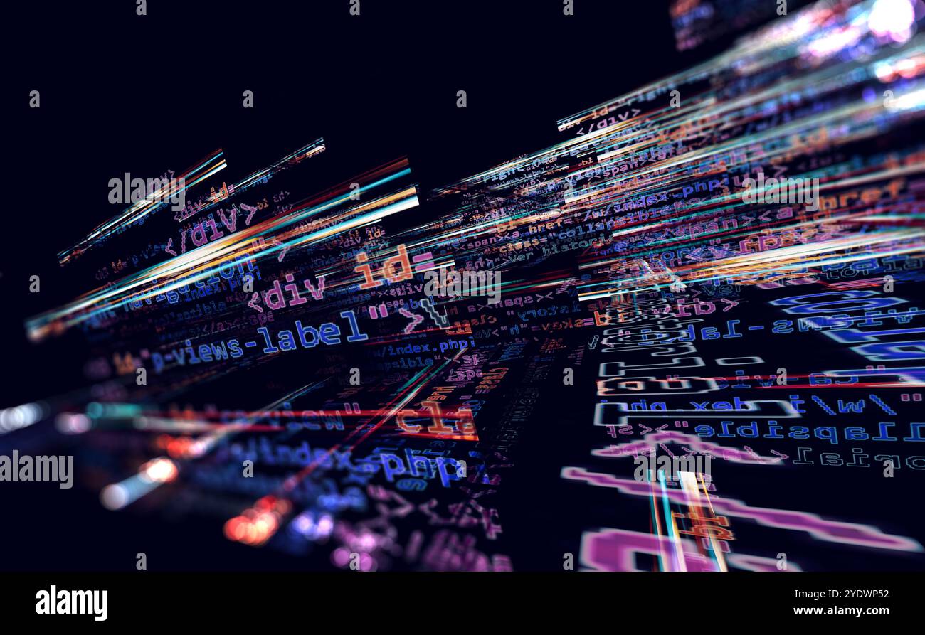 Skript und Quellcode für die Algorithmusentwicklung.3d Illustration.abstrakter Hintergrund der Programmiertechnik und Softwareentwicklung. Stockfoto
