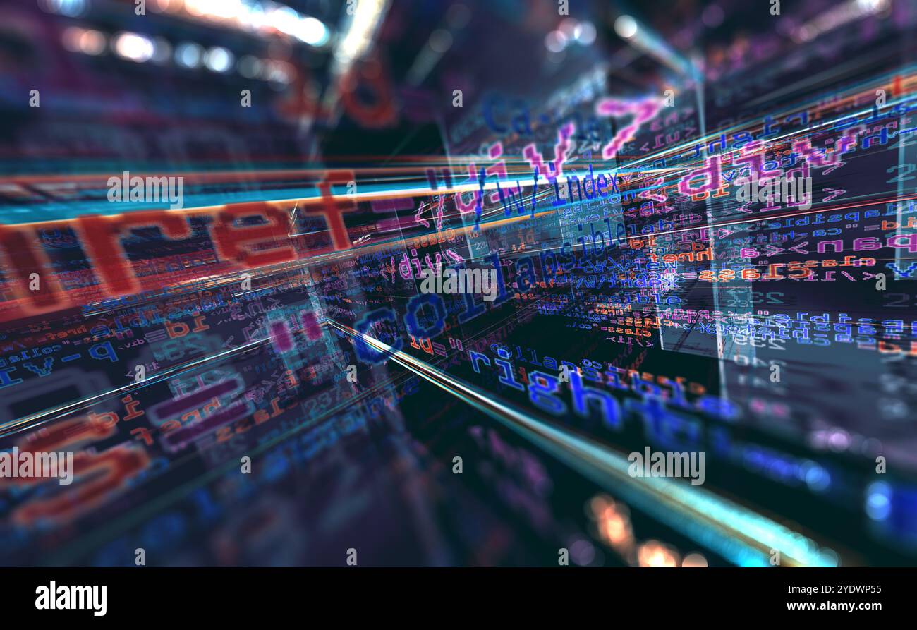 Skript und Quellcode für die Algorithmusentwicklung.3d Illustration.abstrakter Hintergrund der Programmiertechnik und Softwareentwicklung. Stockfoto