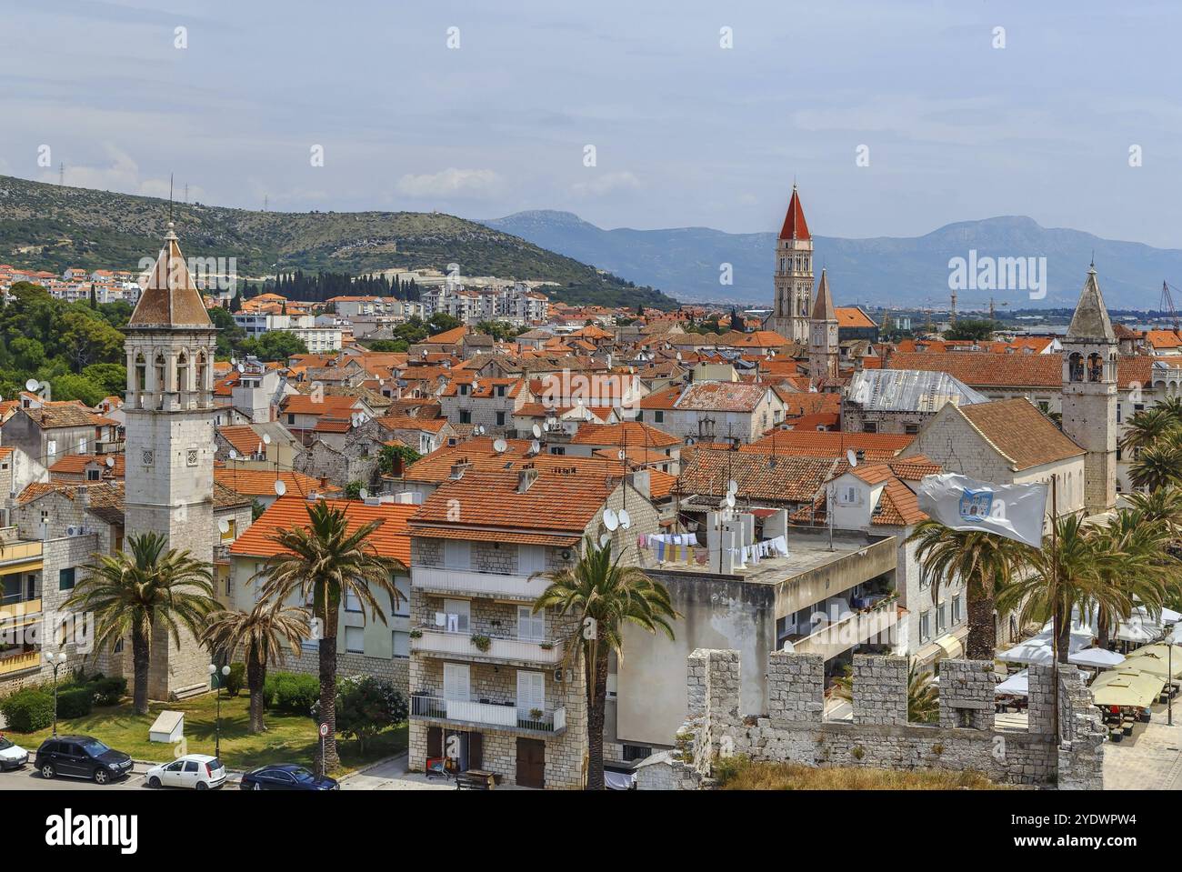 Blick auf die Altstadt von Trogir von der Festung Kamerlengo, Kroatien, Europa Stockfoto