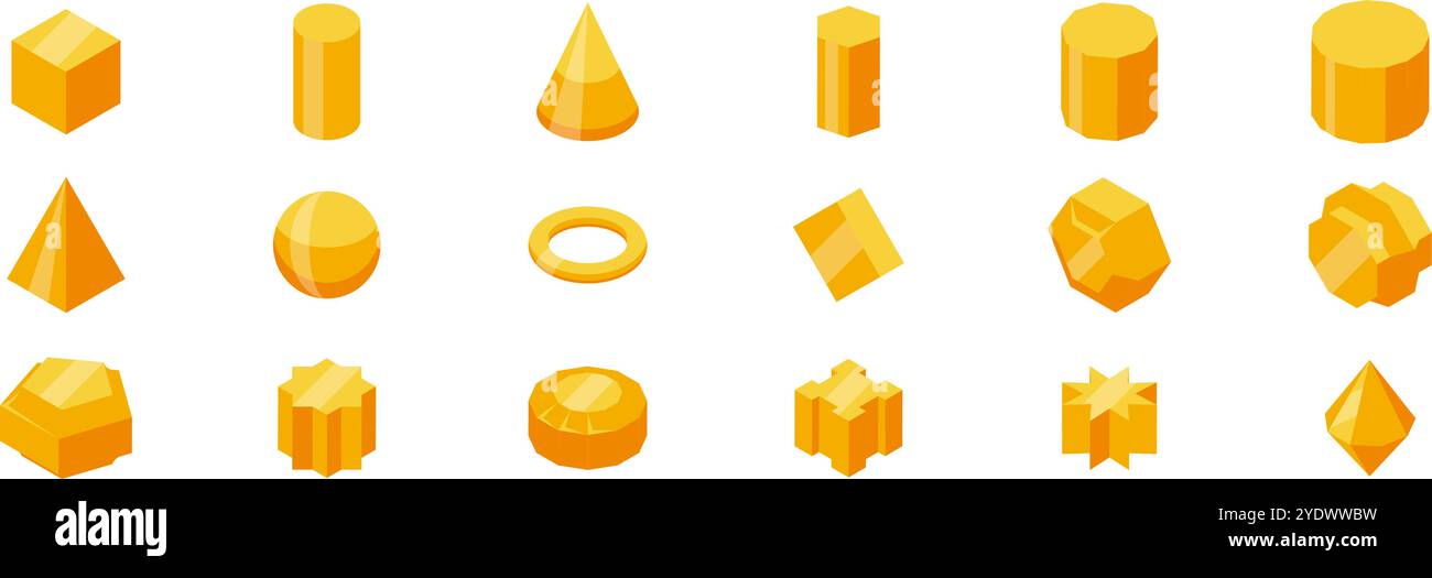 Goldene Polyedersymbole. Sammlung verschiedener dreidimensionaler geometrischer Figuren mit verschiedenen Formen in auffälligen Gelbtönen Stock Vektor