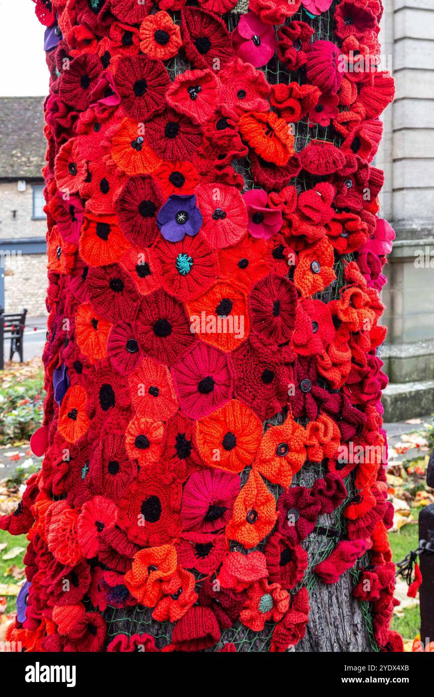 Handgestrickter Mohnmohn für den Tag des Rememberance in Higham Ferrers, Northamptonshire, England, Großbritannien. Stockfoto