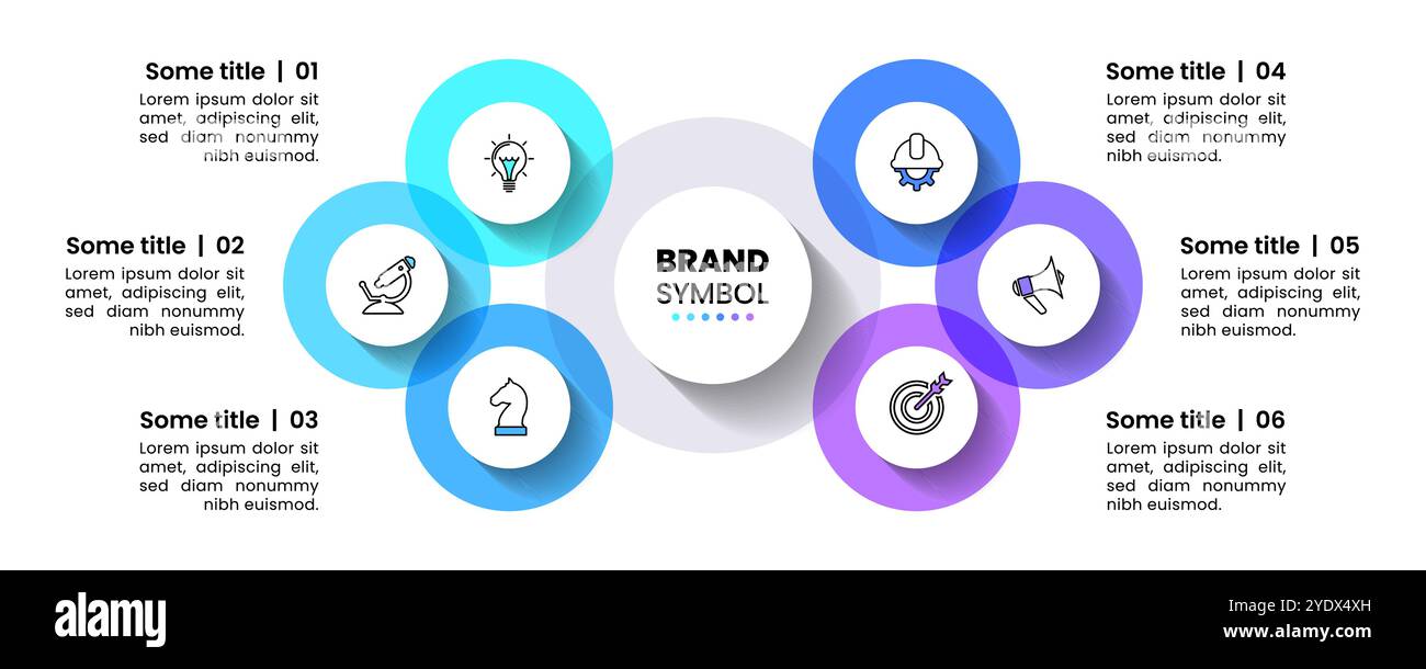 Infografik-Vorlage mit Symbolen und 6 Optionen oder Schritten. Verbundene Kreise. Kann für Workflow-Layout, Diagramm, Banner, webdesign verwendet werden. Vektor illustr Stock Vektor