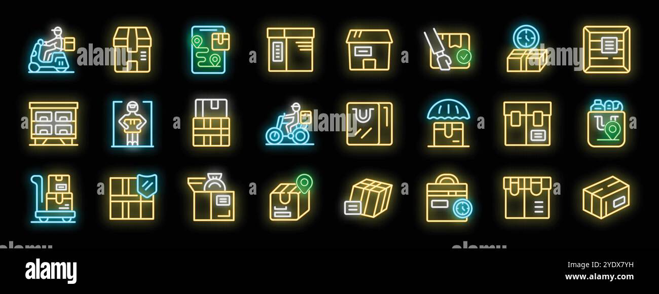 Neonsymbole, die verschiedene Aspekte der Paketzustellung darstellen, darunter Kuriere, die Pakete transportieren, Lagerung, Nachverfolgung und verschiedene Kartentypen Stock Vektor