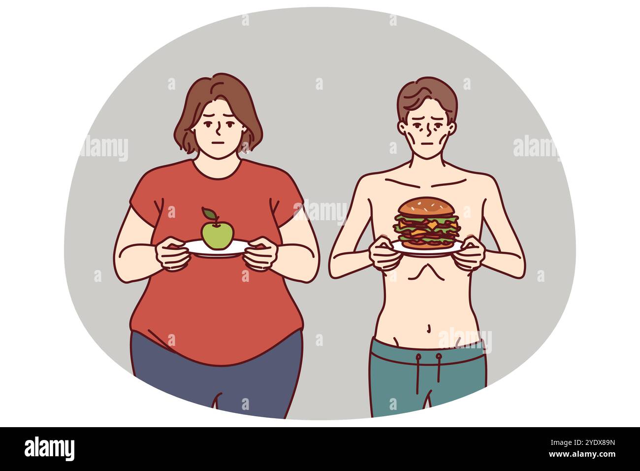 Eine unsachgemäße Ernährung führte zu Anorexie oder Adipositas aufgrund von Stoffwechselproblemen oder nicht den Kalorien- und Kohlenhydratnormen. Dünner Mann und fette Frau brauchen richtige Ernährung und Hilfe von Ernährungsärzten Stock Vektor