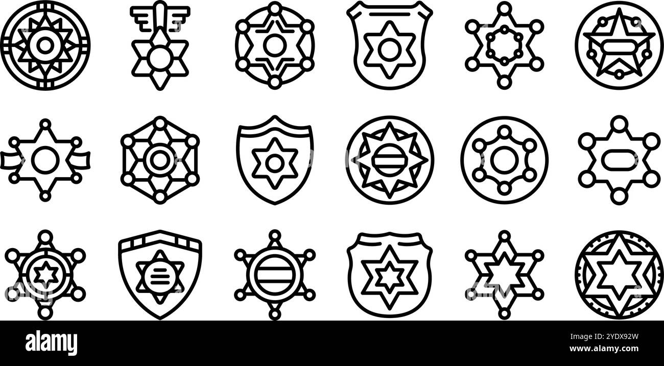 Sheriff-Abzeichen-Symbole gesetzt. Sammlung von Sheriff-Star-Ikonen für Strafverfolgung, Autorität und Justiz Stock Vektor