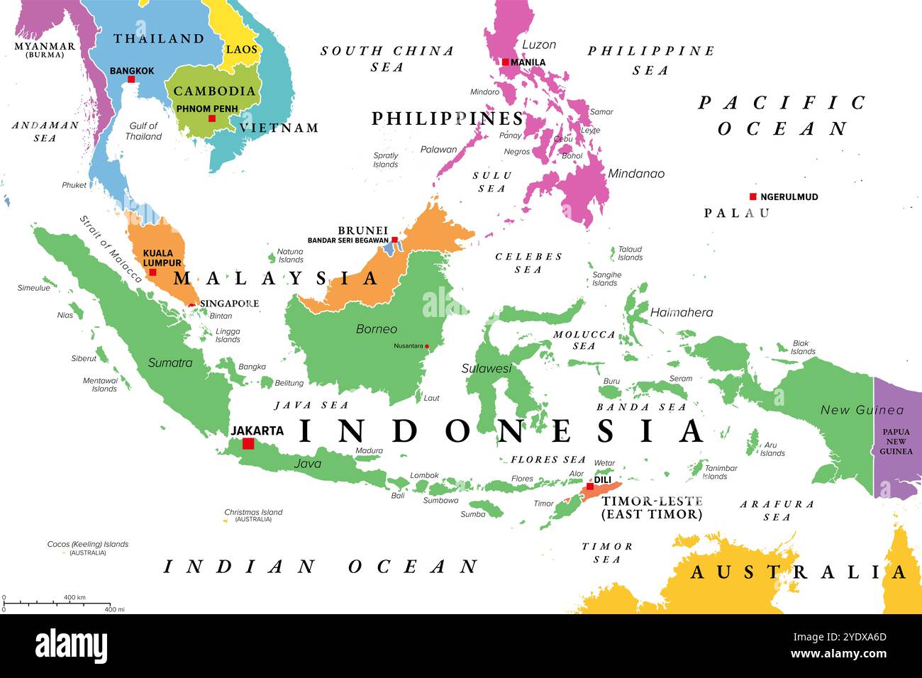 Indonesien, Land in Südostasien und Ozeanien, farbige politische Karte. Republik und Archipel mit der Hauptstadt Jakarta und den größten Inseln. Stockfoto