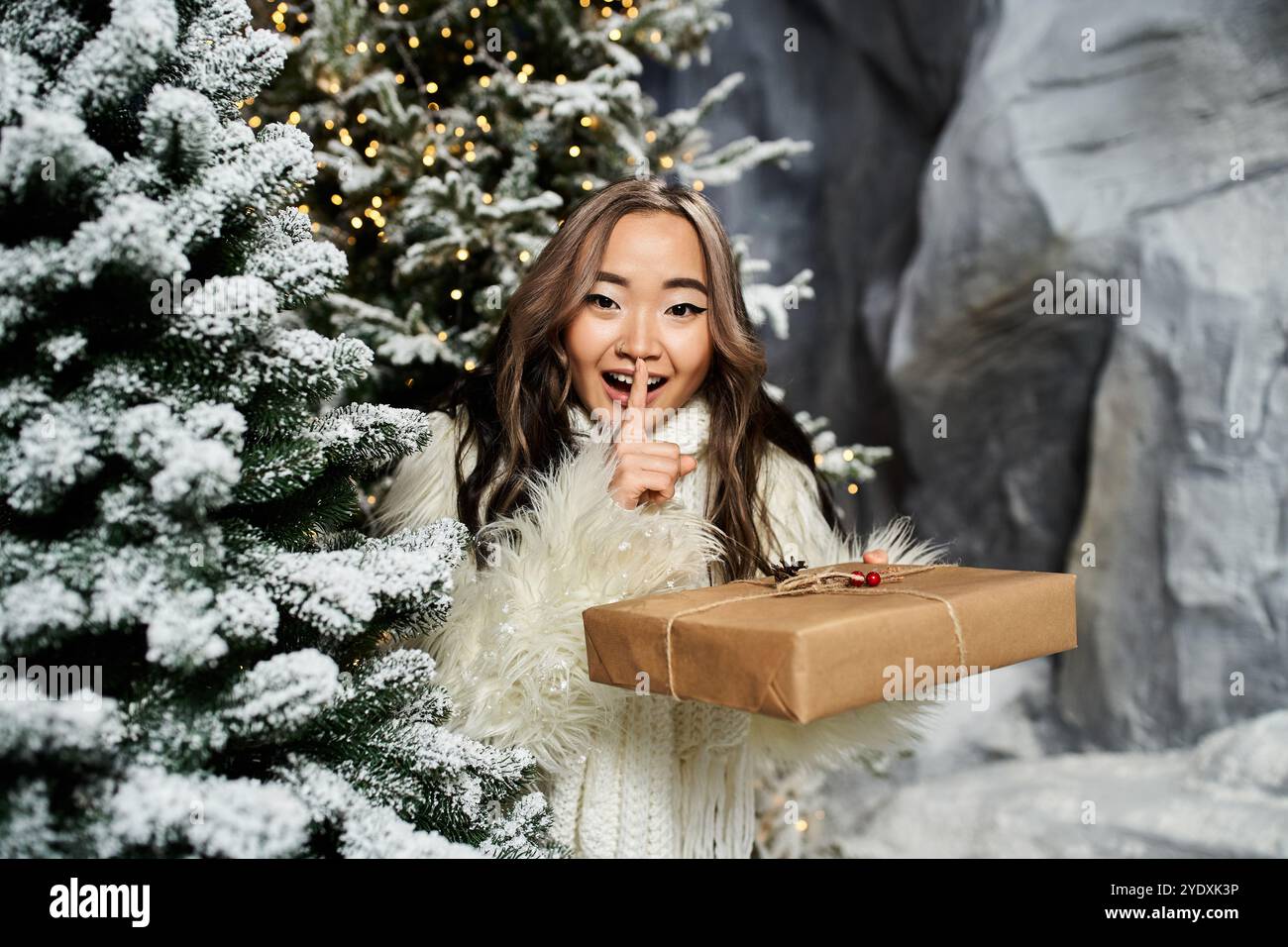 Eine Person hält spielerisch ein Geschenk in der Hand, während sie ein Geheimnis in einem Winterwunderland voller Freude teilt. Stockfoto