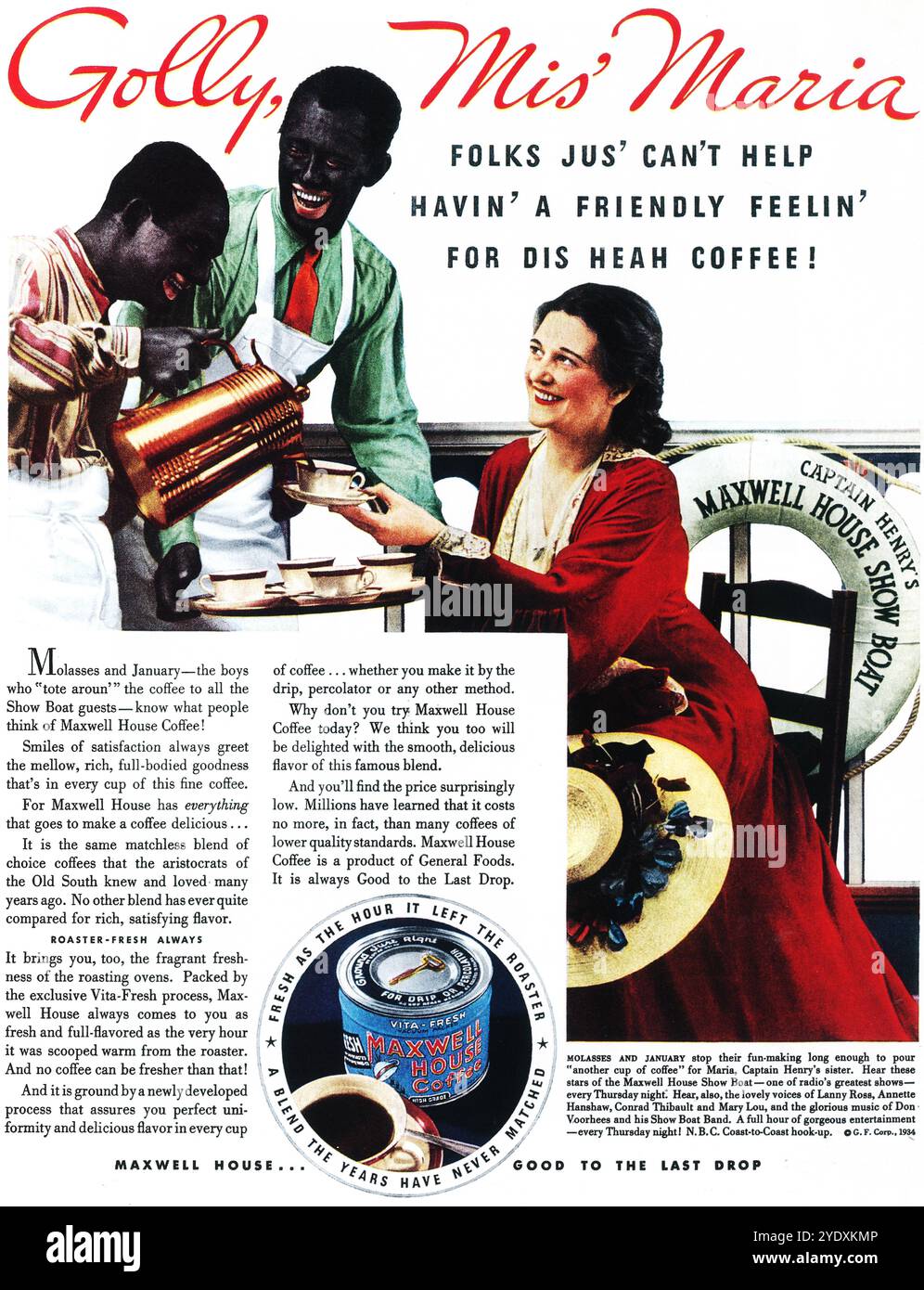 1934 Maxwell House Coffee Ad - Captain Henry's Maxwell House Show Boat im NBC Radio Stockfoto