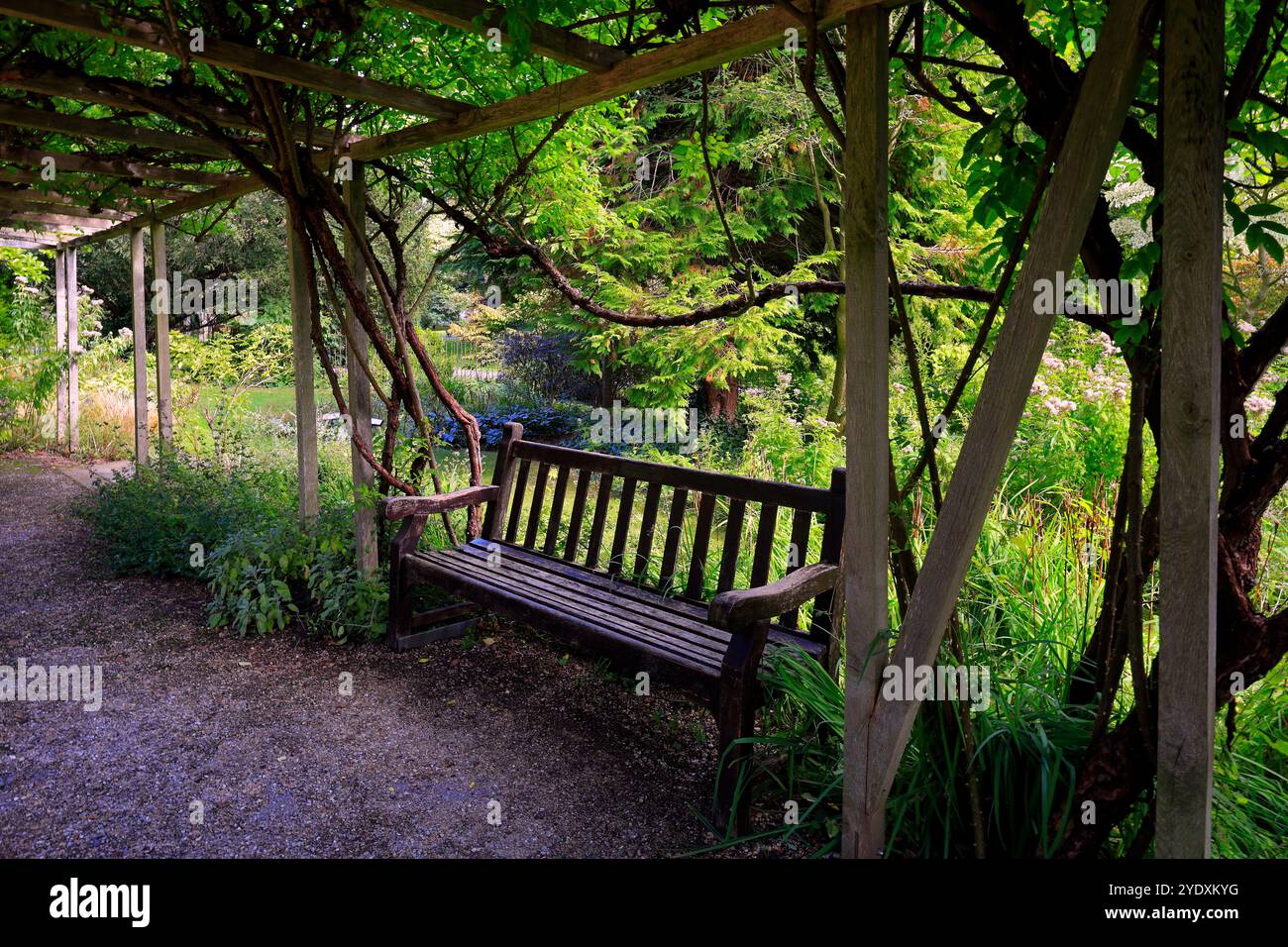 Bank in einer ruhigen Ecke von Henrietta Park / Gardens and Garden of Remembrance (1956), Bath, Somerset, Großbritannien Stockfoto