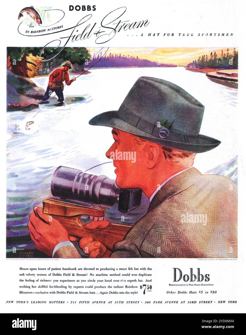 1939 Dobbs Field & Stream Hats Werbespot – „Ein Hut für echte Sportler“ Stockfoto