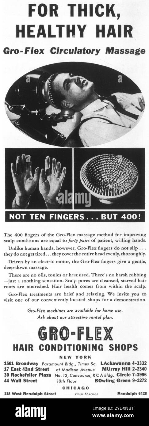 1935 Gro-Flex Herren Zirkulationsmassage Haaranzeige – „für dickes, gesundes Haar“ Stockfoto
