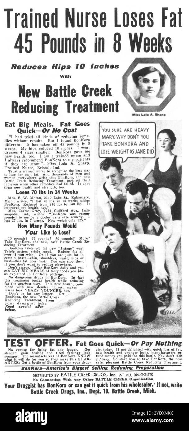 1933 BonKora – Werbung für Battle Creek Drugs – „fettreduzierende Behandlung“ Stockfoto