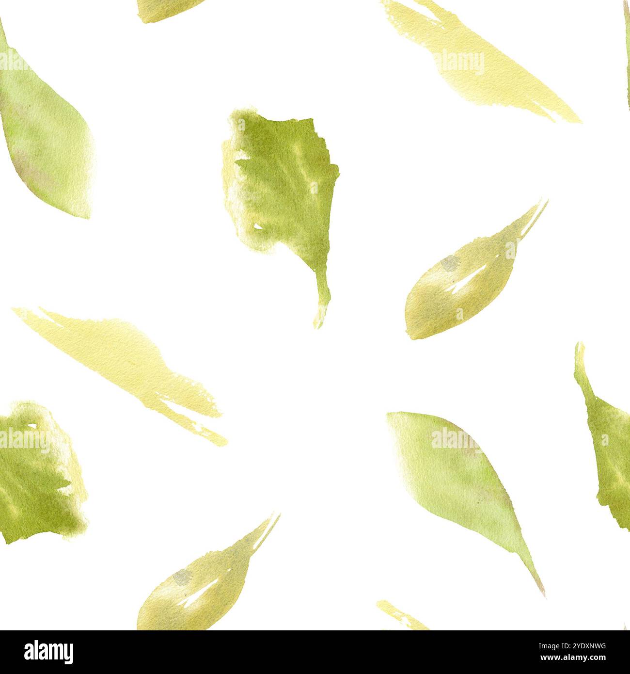 Nahtloses Aquarellmuster mit sanften grünen Blättern und handgemalten organischen Formen. Perfekt für umweltfreundliche Designs, natürliche Verpackungen oder Stockfoto