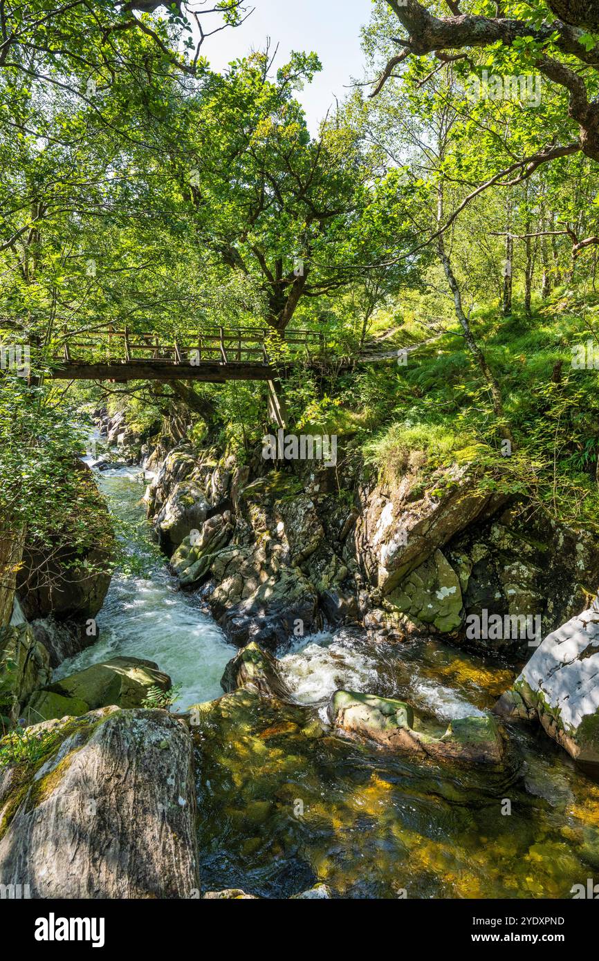 Fußgängerbrücke am Fluss Nevis in Glen Nevis bei Fort William in Lochaber, Scottish Highlands, Schottland Stockfoto