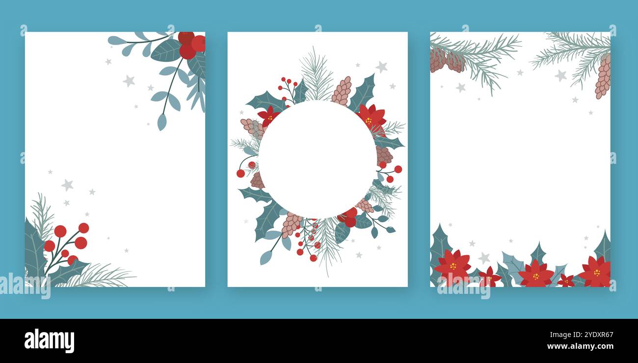 Poster zu Weihnachten und Neujahr. Gemütliche Winterkarten mit Tannenzweigen, Beeren, stechpalmen und Tannenzapfen. Vertikale Vorlagen für die Weihnachtszeit Stock Vektor