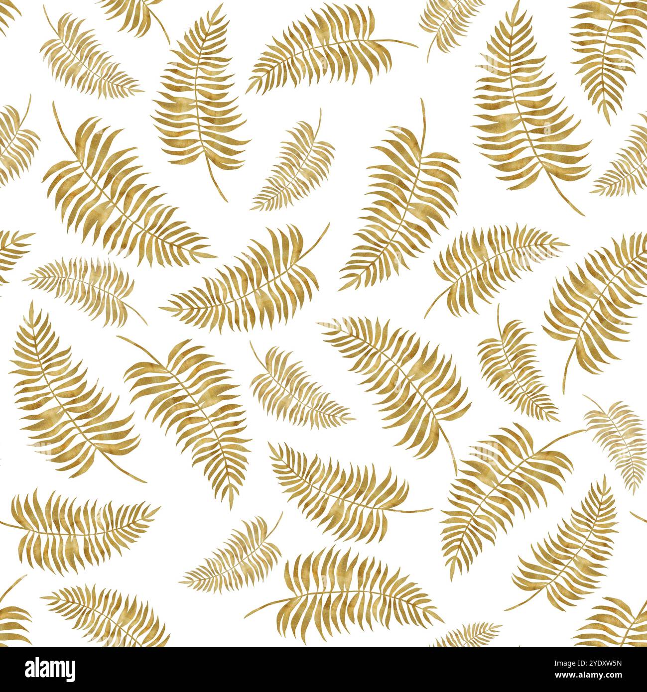 Nahtloses Muster mit goldenen Farnzweigen. Blumenmuster mit Gold. Handgezeichnete Aquarellillustration. Stockfoto