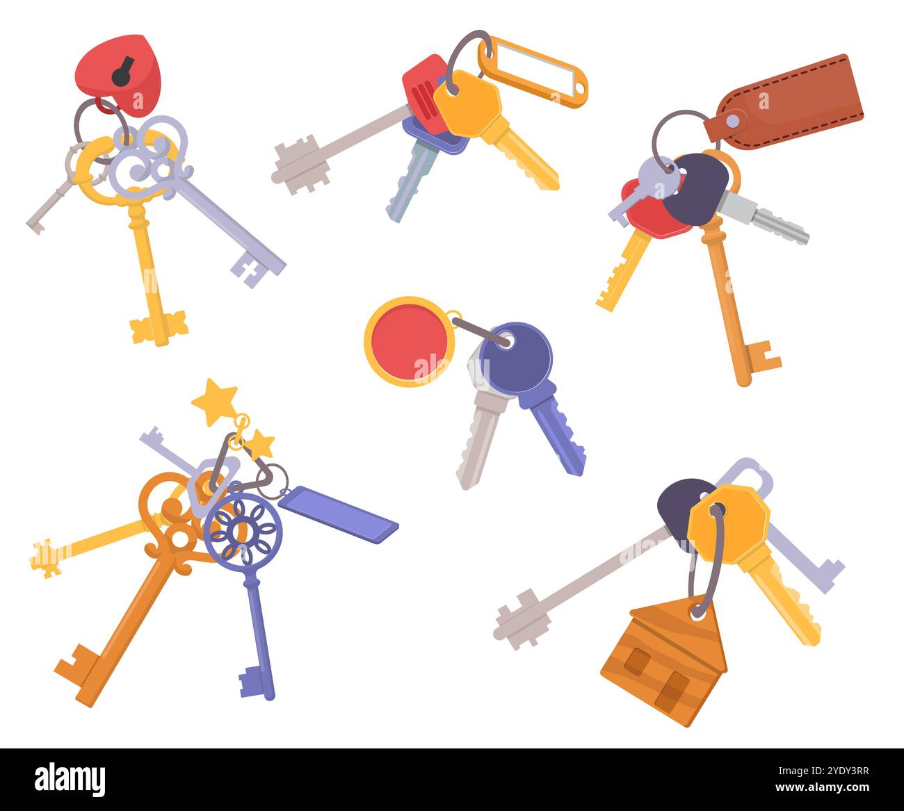 Türschlüsselbündel. Cartoon Schlüsselanhänger mit Schlüsselanhänger. Grundstückseingang zum Entsperren von Zubehör. Vintage und modernes Design. Stahlöffner BUN Stock Vektor