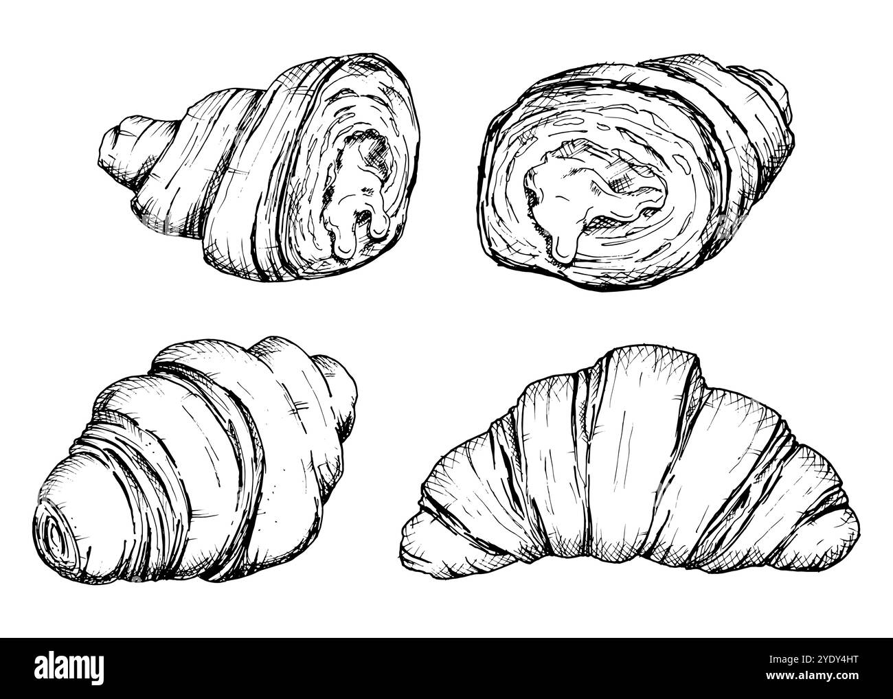 Eine Reihe detaillierter handgezeichneter Vektorskizzen von Croissants, den inneren Schichten und der Füllung. Einfarbiges Clip-Art eines blättrigen, geschichteten französischen Gebäcks für Stock Vektor