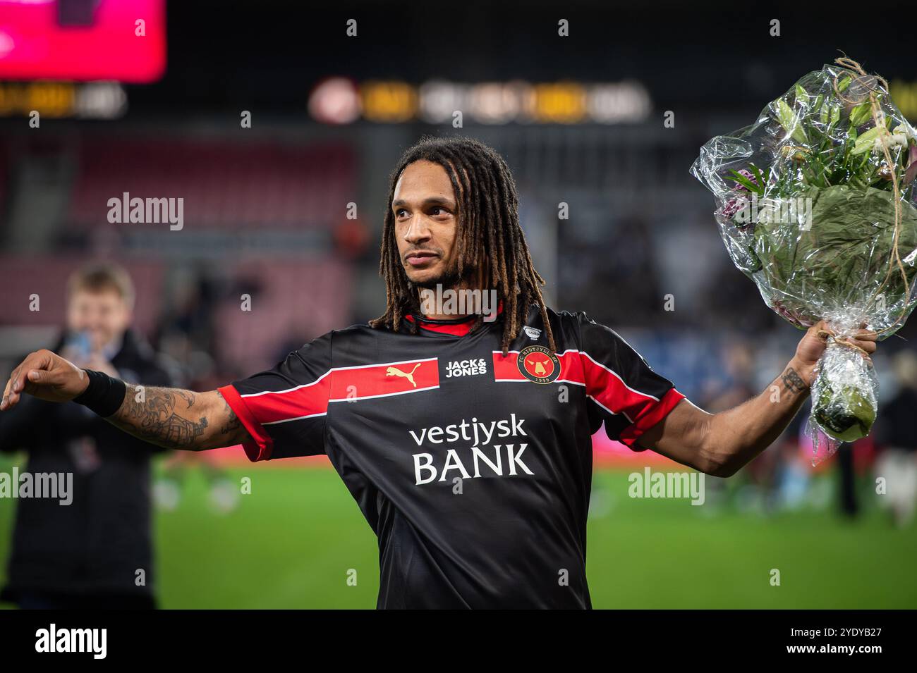 Herning, Dänemark. Oktober 2024. Kevin Mbabu vom FC Midtjylland wurde nach dem 3F Superliga-Spiel zwischen dem FC Midtjylland und Aarhus GF in der MCH Arena in Herning gesehen. Stockfoto