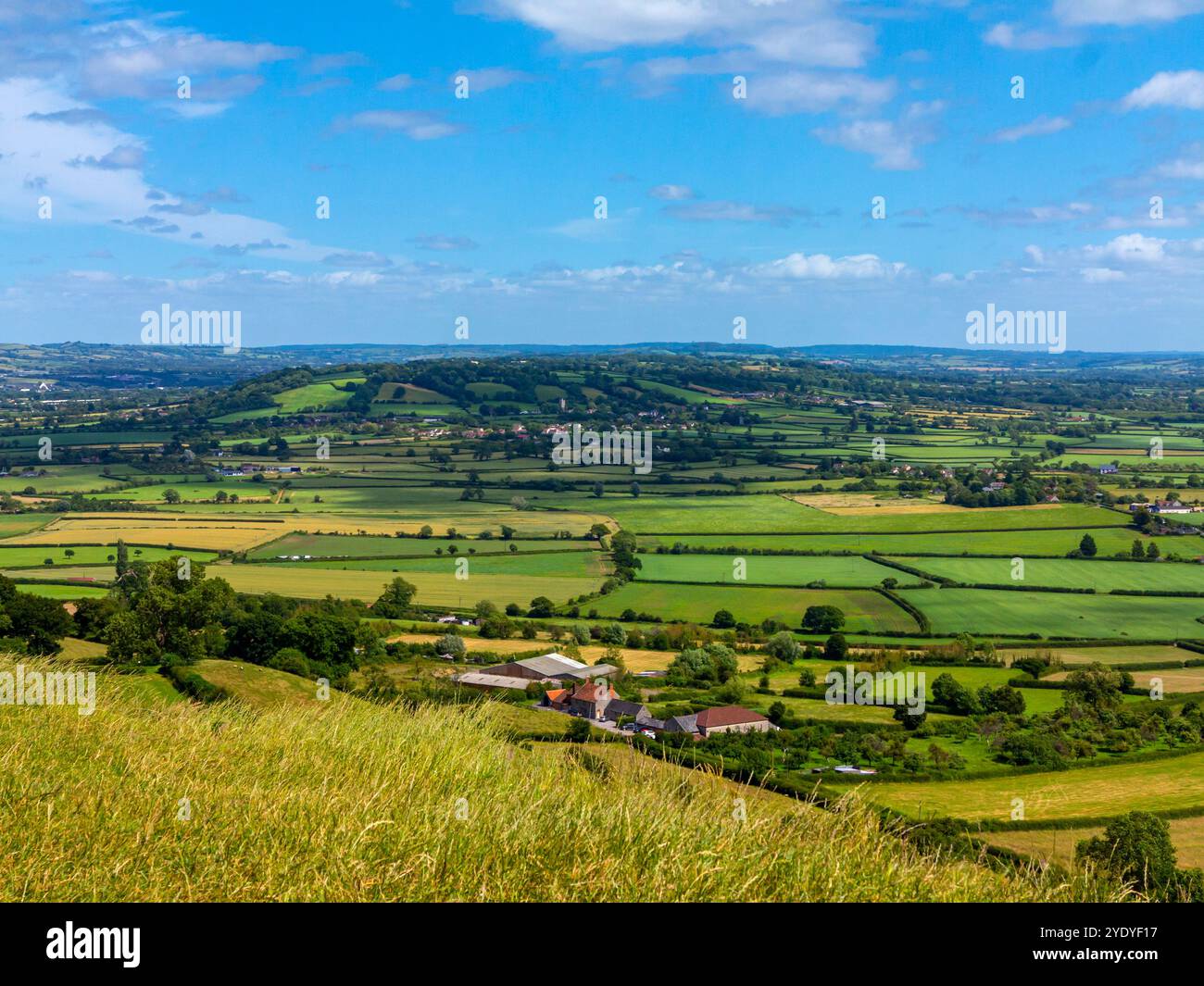 Blick auf die Somerset Landschaft im Sommer vom Glastonbury Tor im Südwesten Englands, Großbritannien Stockfoto