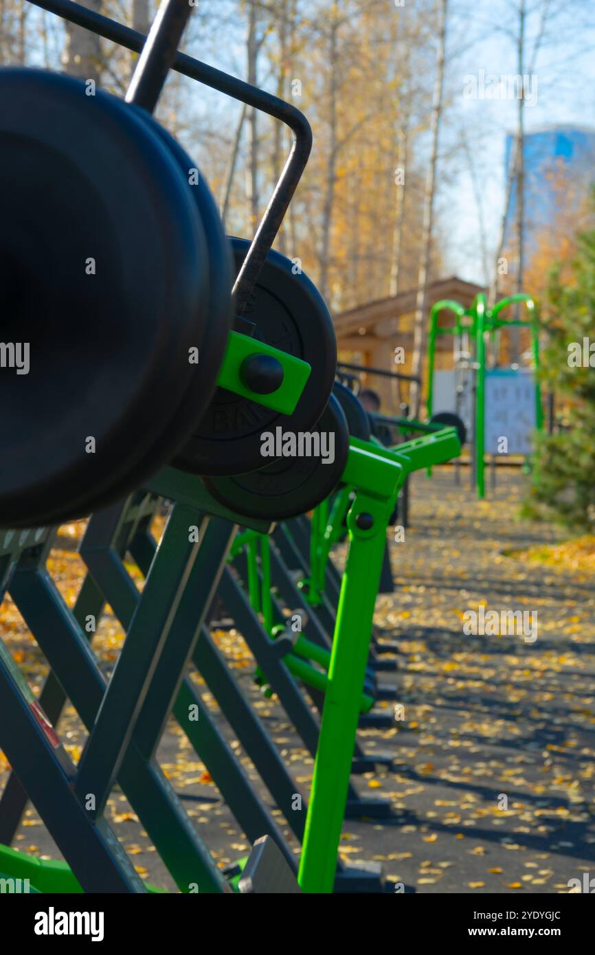 Krafttrainingsgeräte im Herbstpark Stockfoto