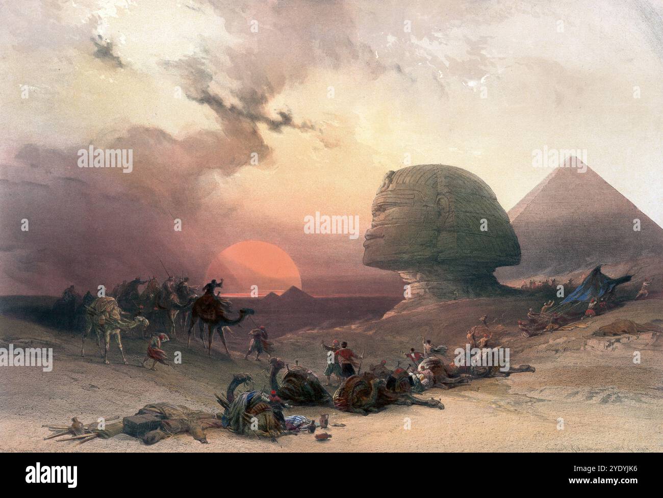 Wir nähern uns dem Simoom. Wüste von Gizeh mit Sphinx und Pyramiden, Kamelkarawane in der Wüste, Ägypten, um 1850, historische, digital restaurierte Reproduktion eines Originals aus dem 19. Jahrhundert, genaues Datum der Aufzeichnung unbekannt, Annäherung an den Simoom. Wüste von Gizeh mit Sphinx und Pyramiden, Kamelkarawane rastet in der Wüste, Ägypten, um 1850, Historisch, digital restaurierte Reproduktion von einer Vorlage aus dem 19. Jahrhundert, genaues Aufnahmedatum unbekannt Stockfoto