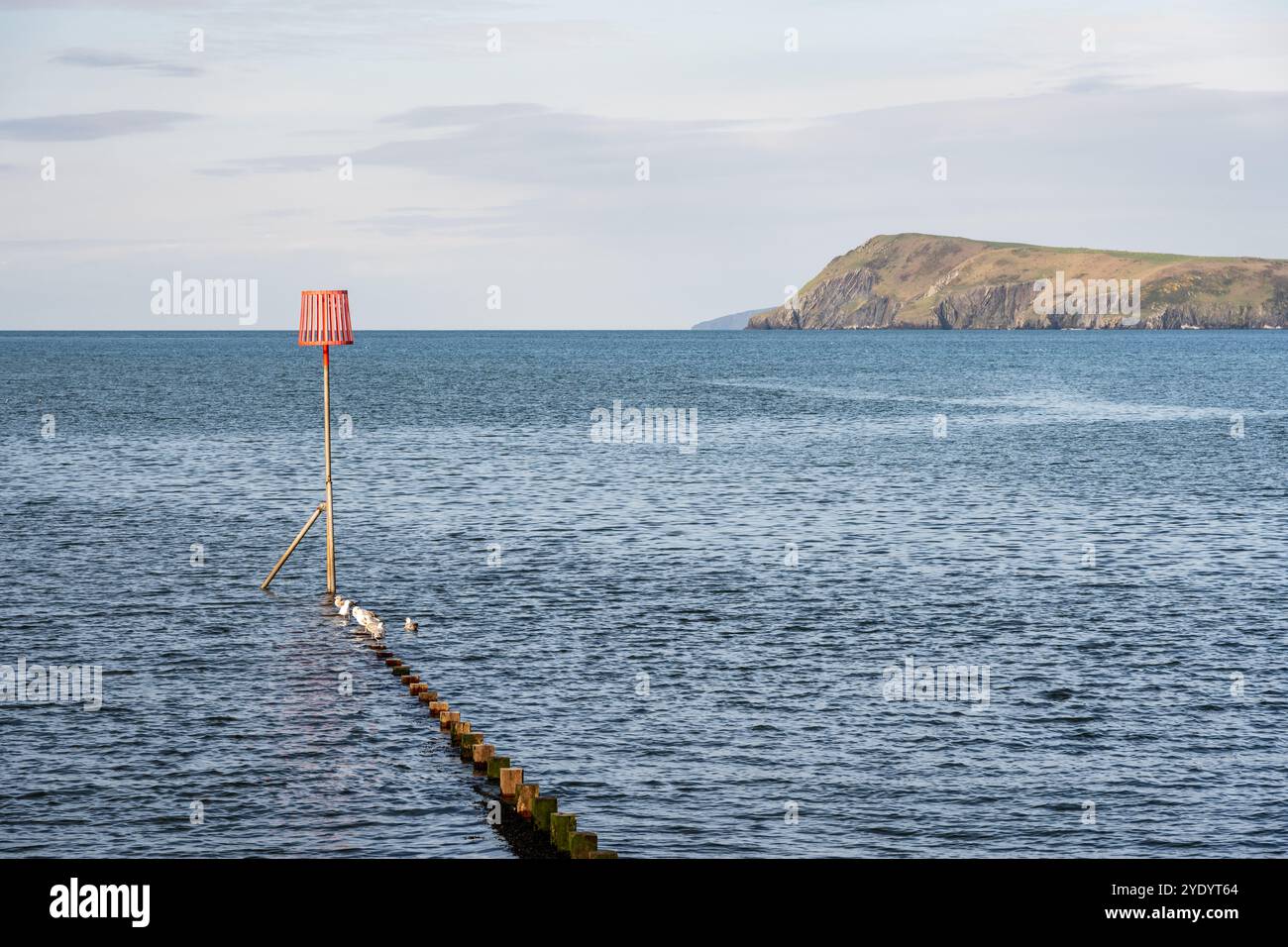 Die Sonne scheint auf Dinas Head, wie man sie über die Fishguard Bay an der Pembrokeshire Coast in Wales sieht. Stockfoto