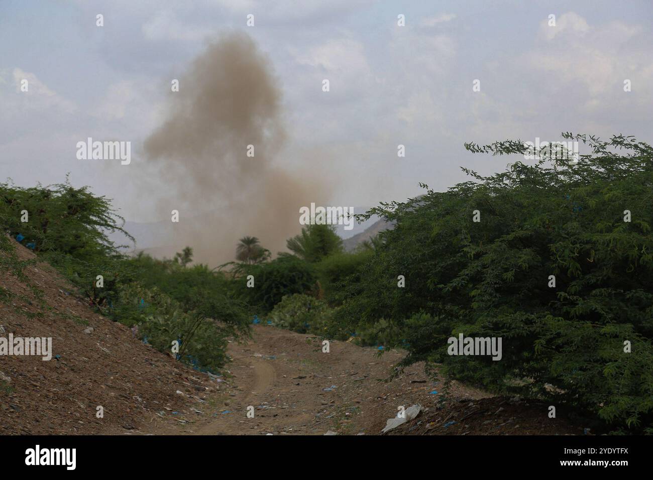 Regierungsnahe Truppen haben drei wichtige Dörfer auf einer strategischen Route erobert, die die Stadt Taiz mit der Westküste des Jemen verbindet. Regierungsnahe Kräfte haben sich in den letzten zwei Jahren in der Stadt Taiz gegen die Huthi-Truppen und gegen diejenigen, die dem ehemaligen Präsidenten Ali Abdullah Salih loyal sind, eingesetzt Stockfoto