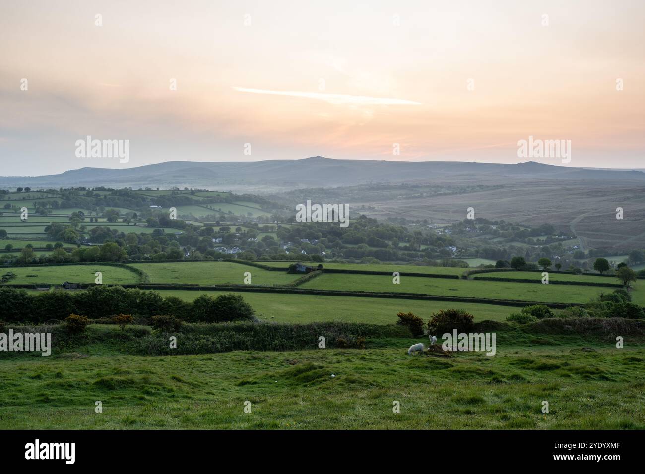 Das Morgenlicht fällt auf die Tore von Dartmoor über den Dörfern North Brentor und Lydford, von Brent Tor aus gesehen. Stockfoto