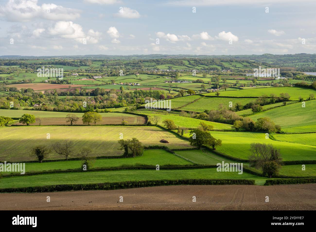 Ein Flickenteppich aus landwirtschaftlichen Feldern, Dörfern und kleinen Wäldern füllt die Landschaft des Chew Valley im Nordosten von Somerset mit dem Mendip Hills risi Stockfoto