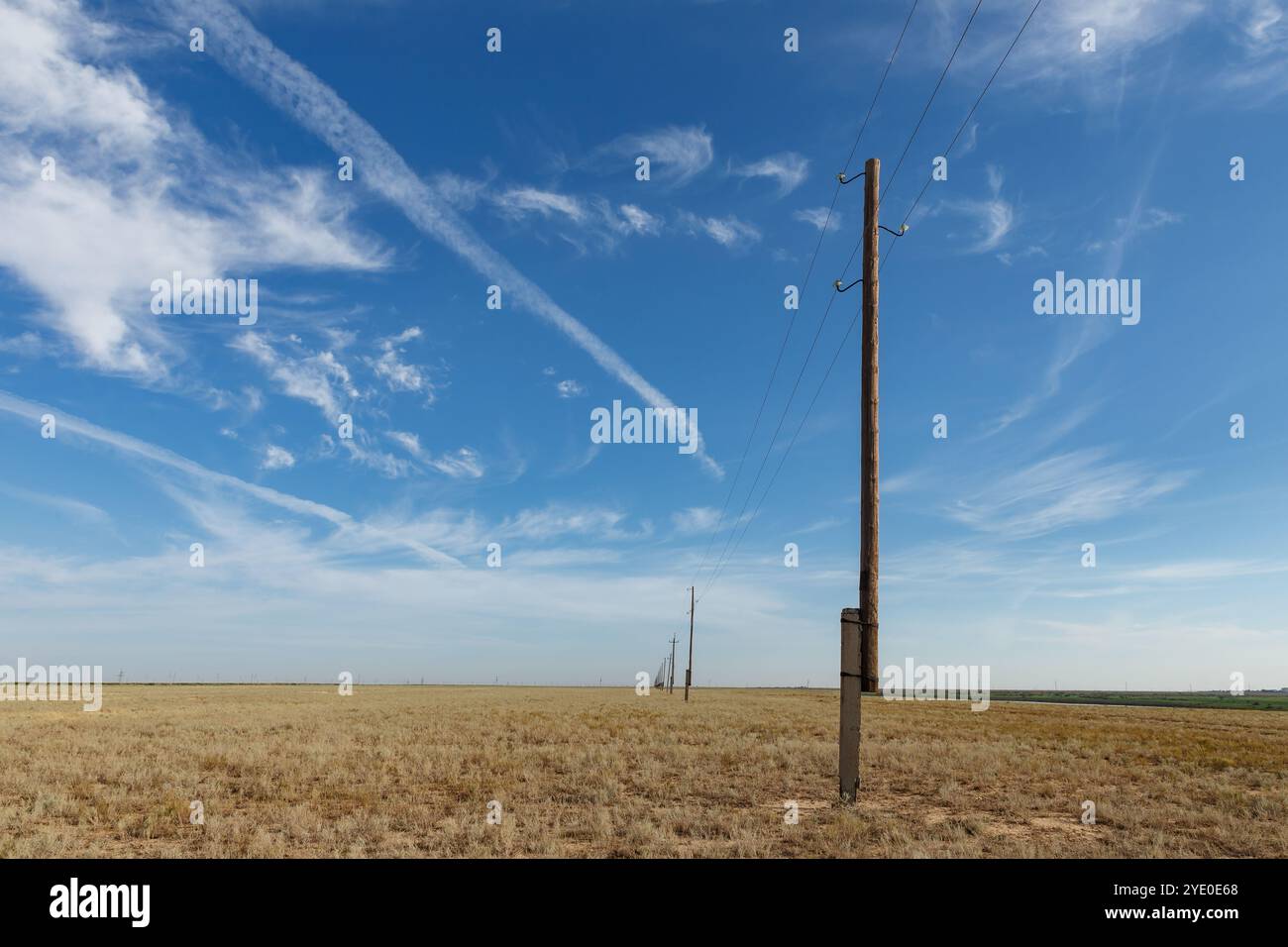 Freileitungen. Stromleitungen an Holzmasten in den Steppen Kasachstans. Stockfoto