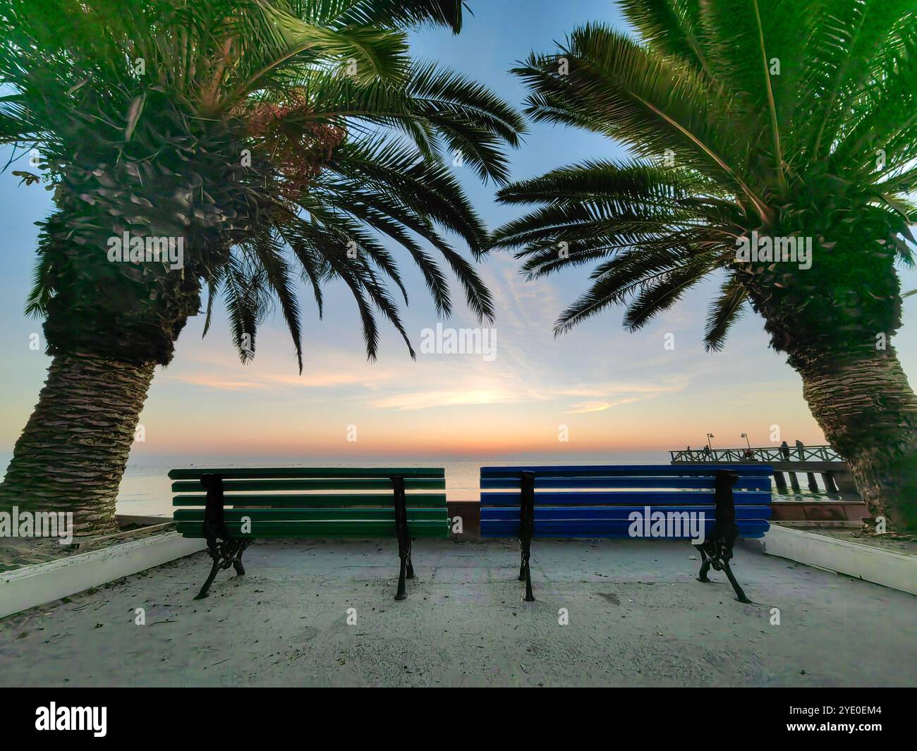 Sea-View Serenity: Grüne und blaue Bänke an der Ägäis, eingerahmt von Palmen Stockfoto