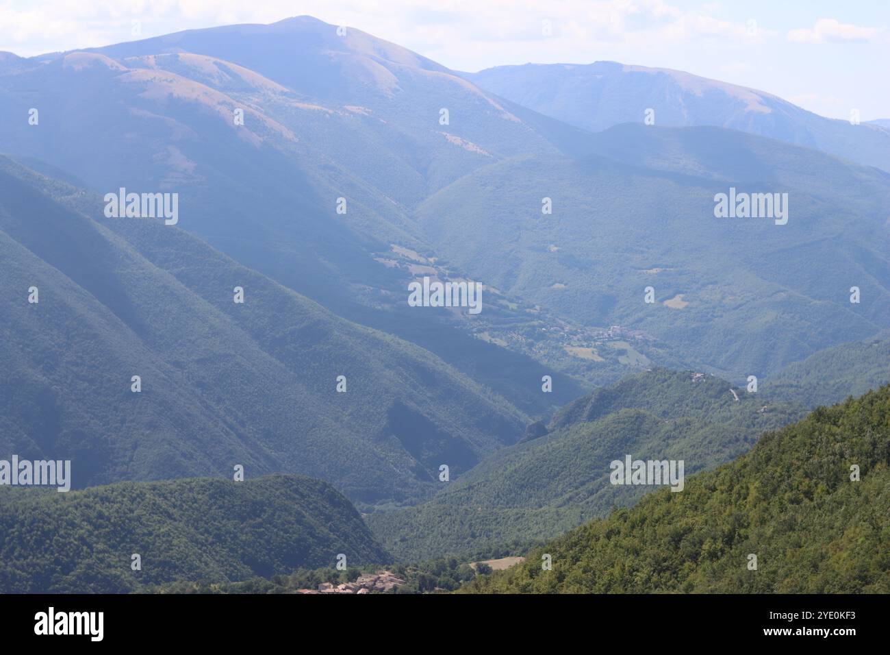 Grüne, bewaldete Hügel mit dramatischer Aussicht, an klaren Tagen in Sommersonne getaucht Stockfoto