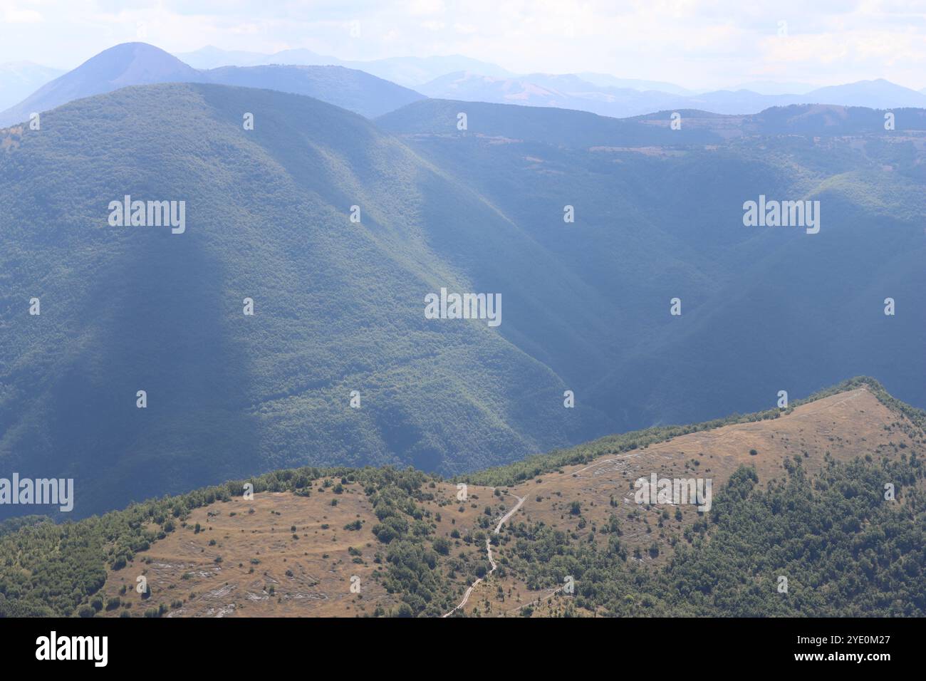 Grüne, bewaldete Hügel mit dramatischer Aussicht, an klaren Tagen in Sommersonne getaucht Stockfoto