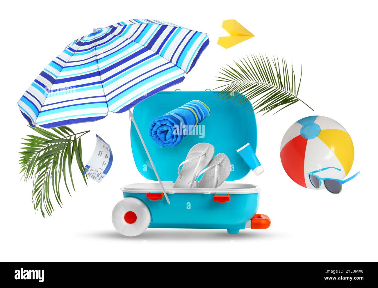 Koffer und fliegende Strandartikel auf weißem Hintergrund. Bereit für die Reise Stockfoto