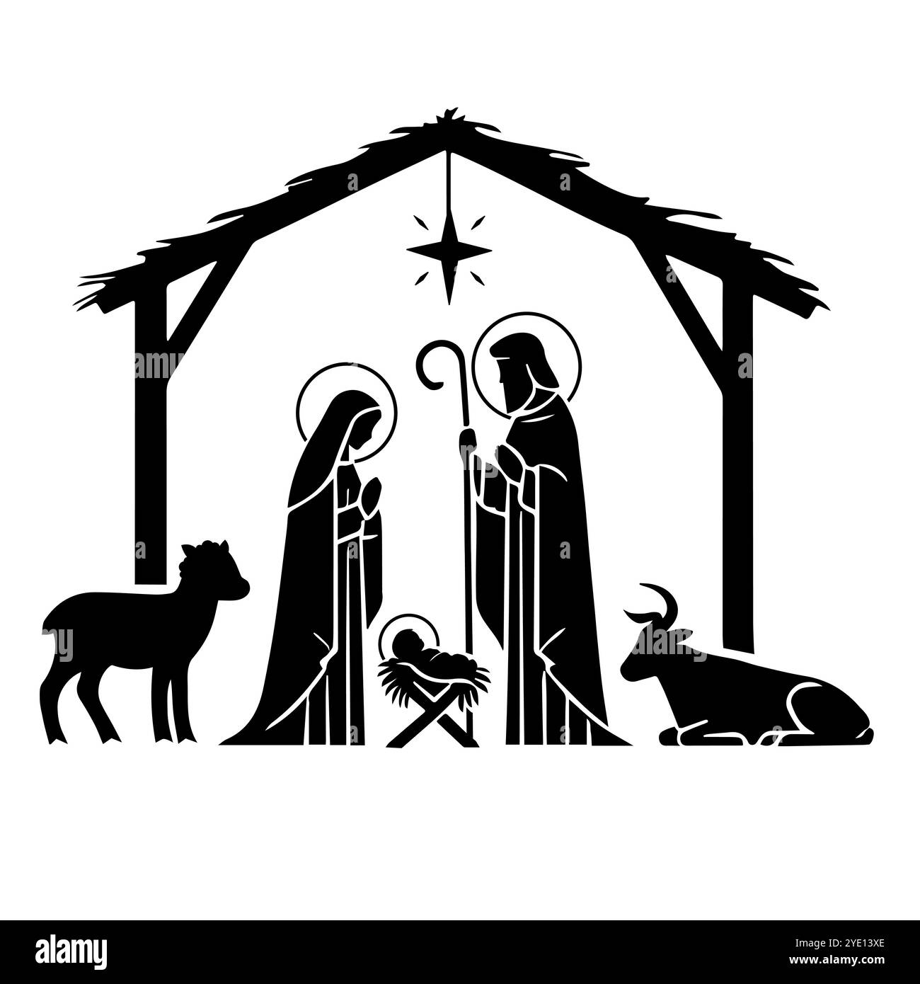 Baby Jesus in der Krippe mit Maria und Joseph Vektor schwarze Silhouette Weihnachten Stock Vektor