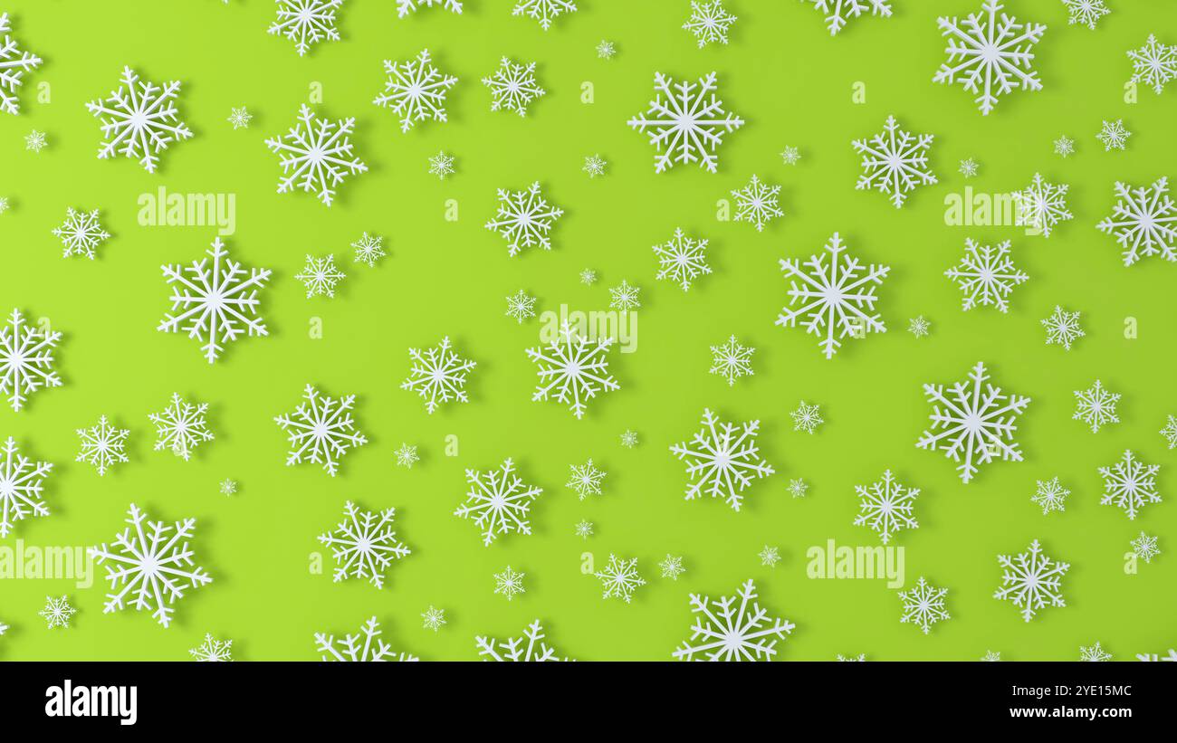 Frohe Weihnachten, weiße Schneeflocken. Frohes Neues Jahr. Winter Schneeflocken grüner Hintergrund. Feiertage. Weißer Hintergrund. 3D-Abbildung Stockfoto