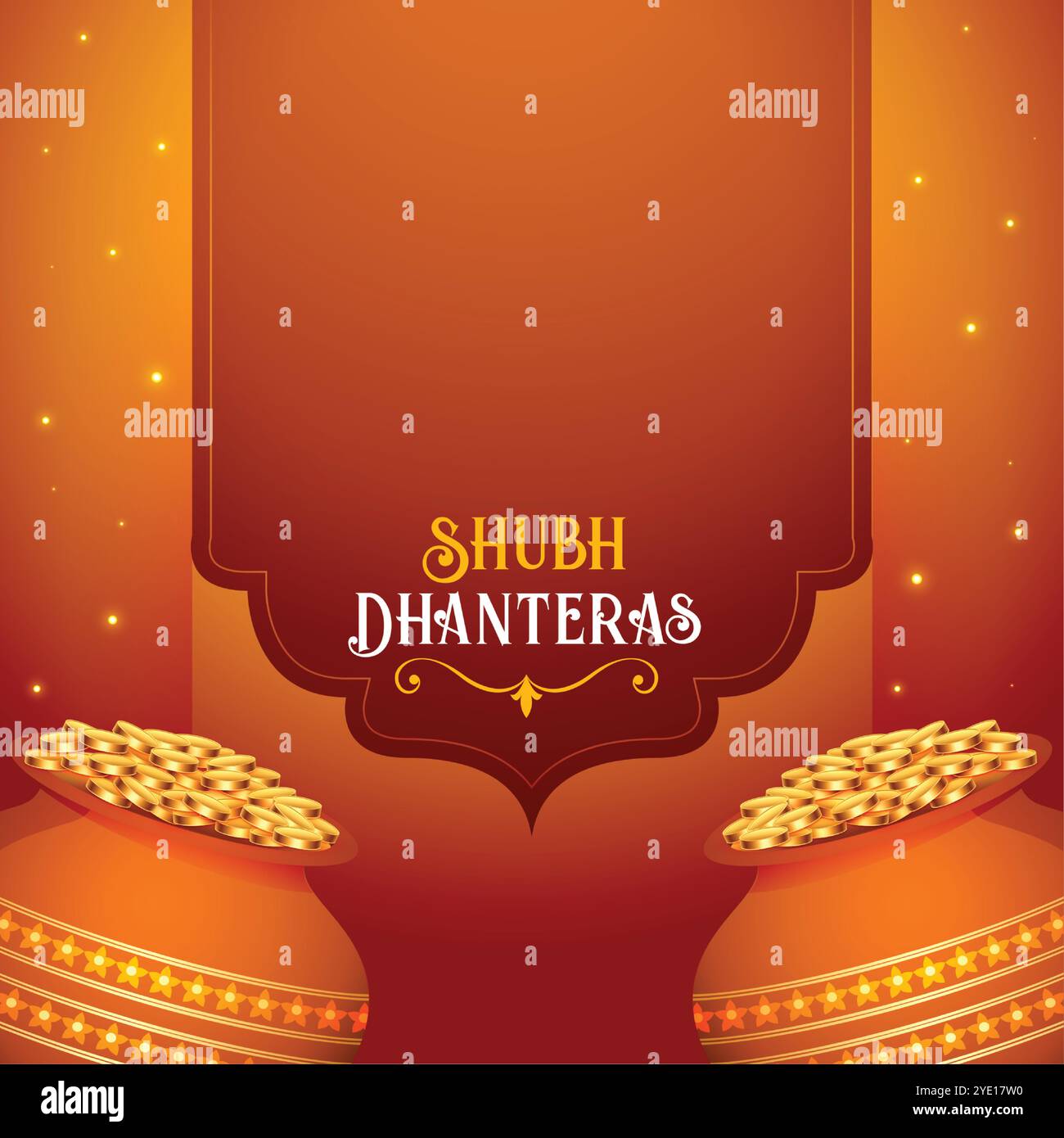 shubh dhanteras Gruß Hintergrund mit Goldmünze in Kalasha Stock Vektor