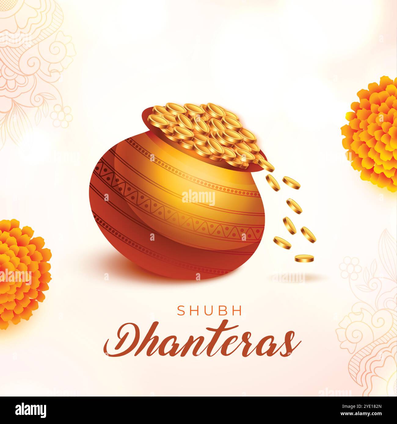 shubh Dhanteras Anlass Hintergrund mit goldenen Münztopf und floralem Design Stock Vektor