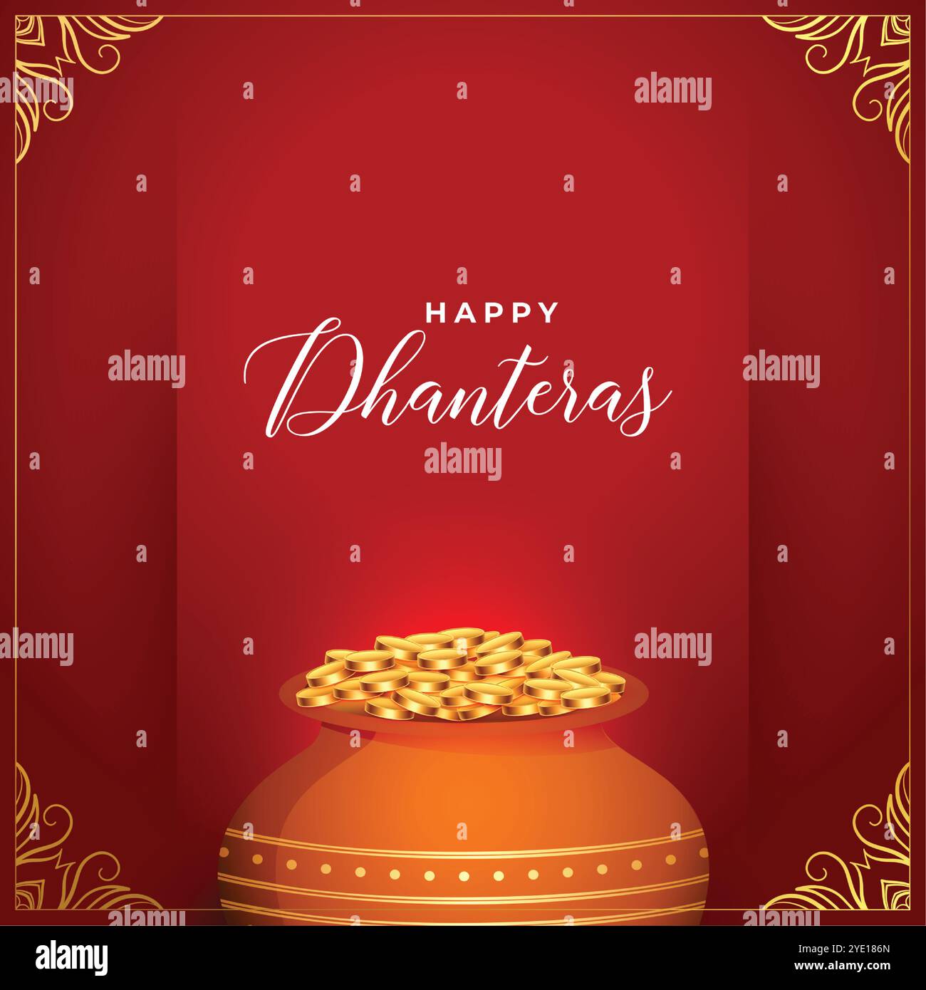 Schöne glückliche Dhanteras Gruß Hintergrund mit Goldmünze in Topf Stock Vektor