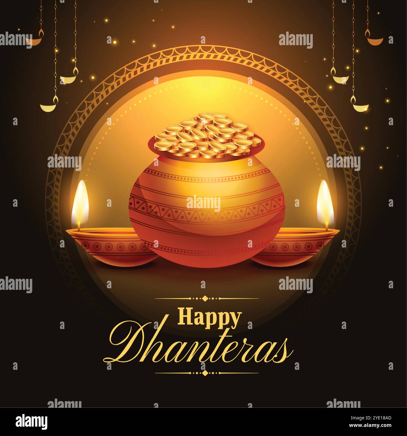 Fröhliches Dhanteras-Festivalposter mit leuchtendem Diya und goldenem Münztopf Stock Vektor