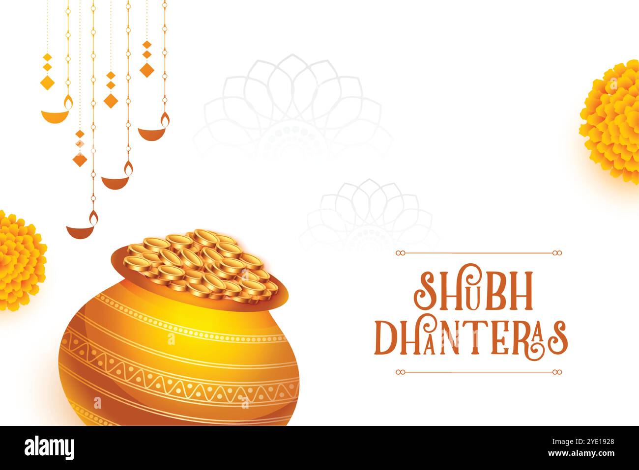 shubh Dhanteras Festival Hintergrund mit goldenen Münzen Kalasha und floralen Design Stock Vektor