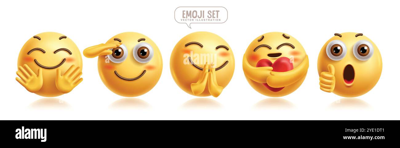 Emoji Sorgfalt 3D Emoticons Zeichen Vektor Set. Emoticon Gesichtsausdruck in freundlichen, salutartigen, gutbürgerlichen, gutbürgerlichen, umarmen und fröhlichen Gesichtselementen. Stock Vektor