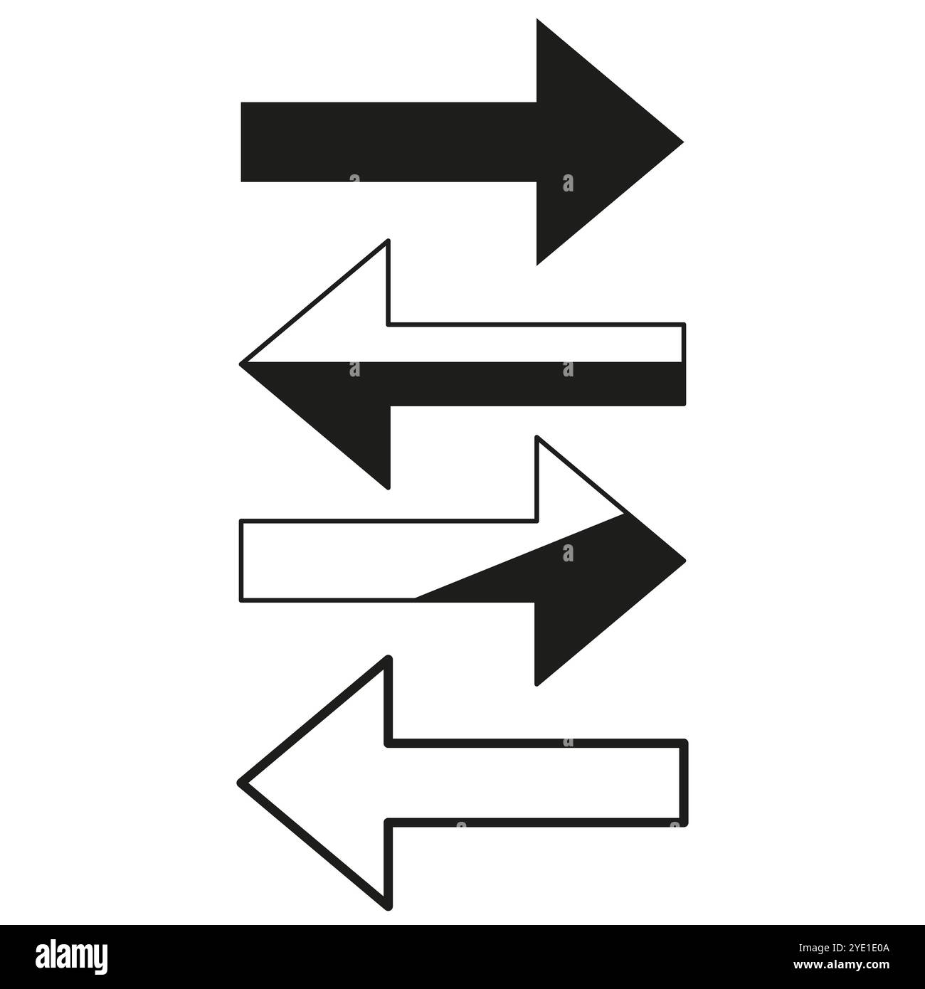 Drei Pfeilsymbole. Auffällige und konturierte Pfeile. Nach rechts und links. Vektorabbildung. Stock Vektor