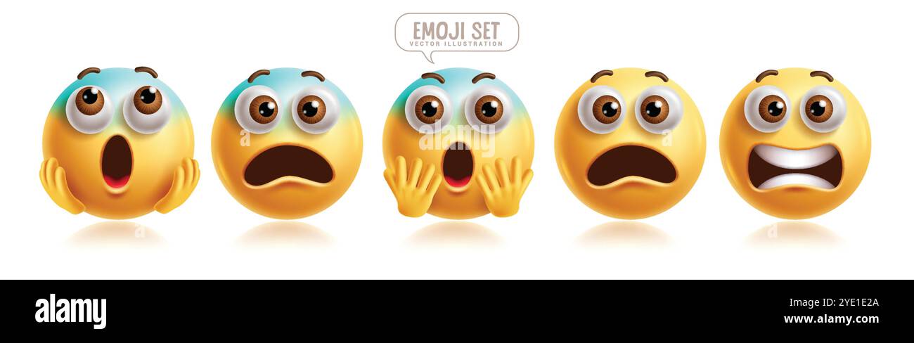 Emoji-verängstigte Emoticon-Zeichen-Vektor-Set. Emojis Emoticons mit ängstlichem, verängstigtem, schockiertem, gefrorenem, besorgtem und überraschendem Gesichtsausdruck Stock Vektor