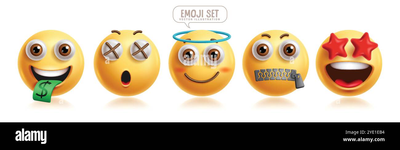 Emoji 3D-Emoticon-Zeichenvektorsatz. Emoticon Emojis Gesichtsausdruck in satten, staunenden, überraschenden, engelhaften, stillen und inspirierten Gesichtern und Stimmung Stock Vektor