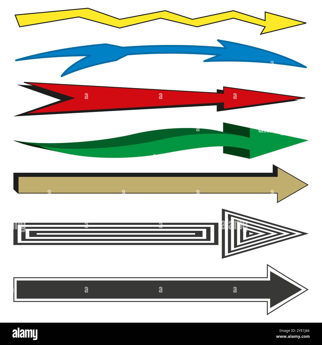 Bunte Pfeilgruppe. Verschiedene Pfeilformen und -Stile. Lebendiges und dynamisches Vektordesign. Abstrakte Richtungssymbole. Stock Vektor