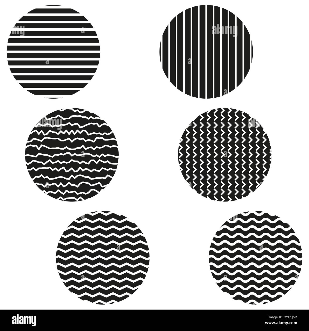 Geometrische Kreissymbole. Verschiedene Streifenmuster. Schwarzweiß-Kontrast. Abstrakte Vektorformen. Stock Vektor