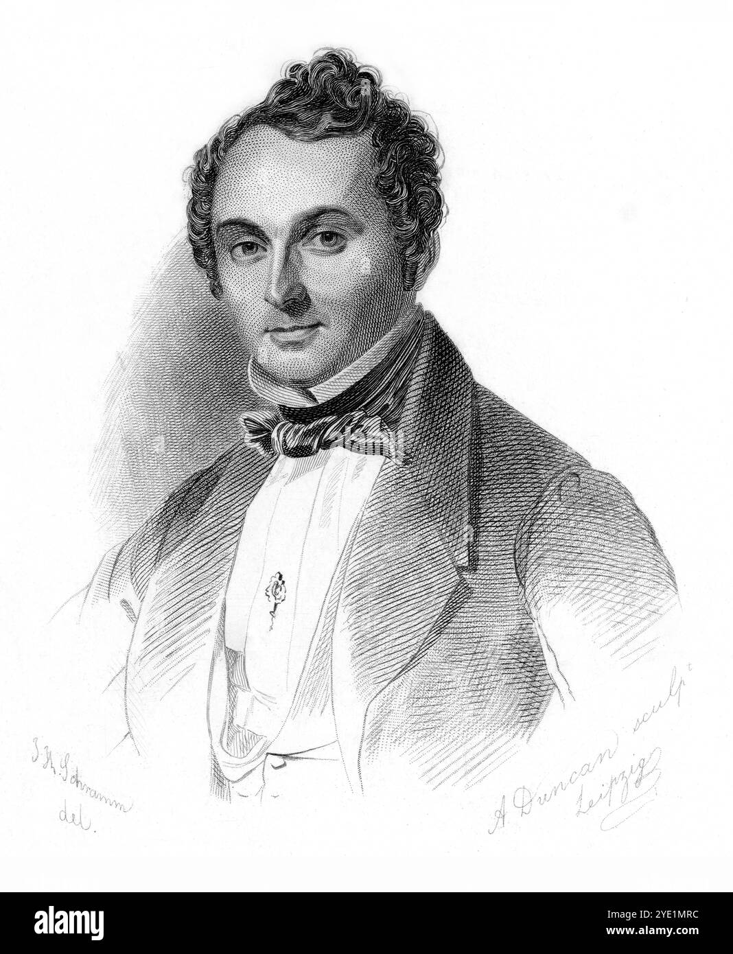 1846 c. , DEUTSCHLAND : der deutsche Komponist , Sänger und Bandmeister ALBERT LORTZING ( 1801 - 1851 ) . Porträt von E.H. Schramm , Stich von A. Duncan , Leipzig . - GESCHICHTE - FOTO STORICHE - MUSICISTA - MUSICA CLASSICA - Krawattenschleife - cravatta - fiocco - Kragen - Colletto - CANTANTE - DIRETTORE D'ORCHESTRA - DIRIGENT - Gravur - incisione - Illustrazione - Archivio GBB Stockfoto