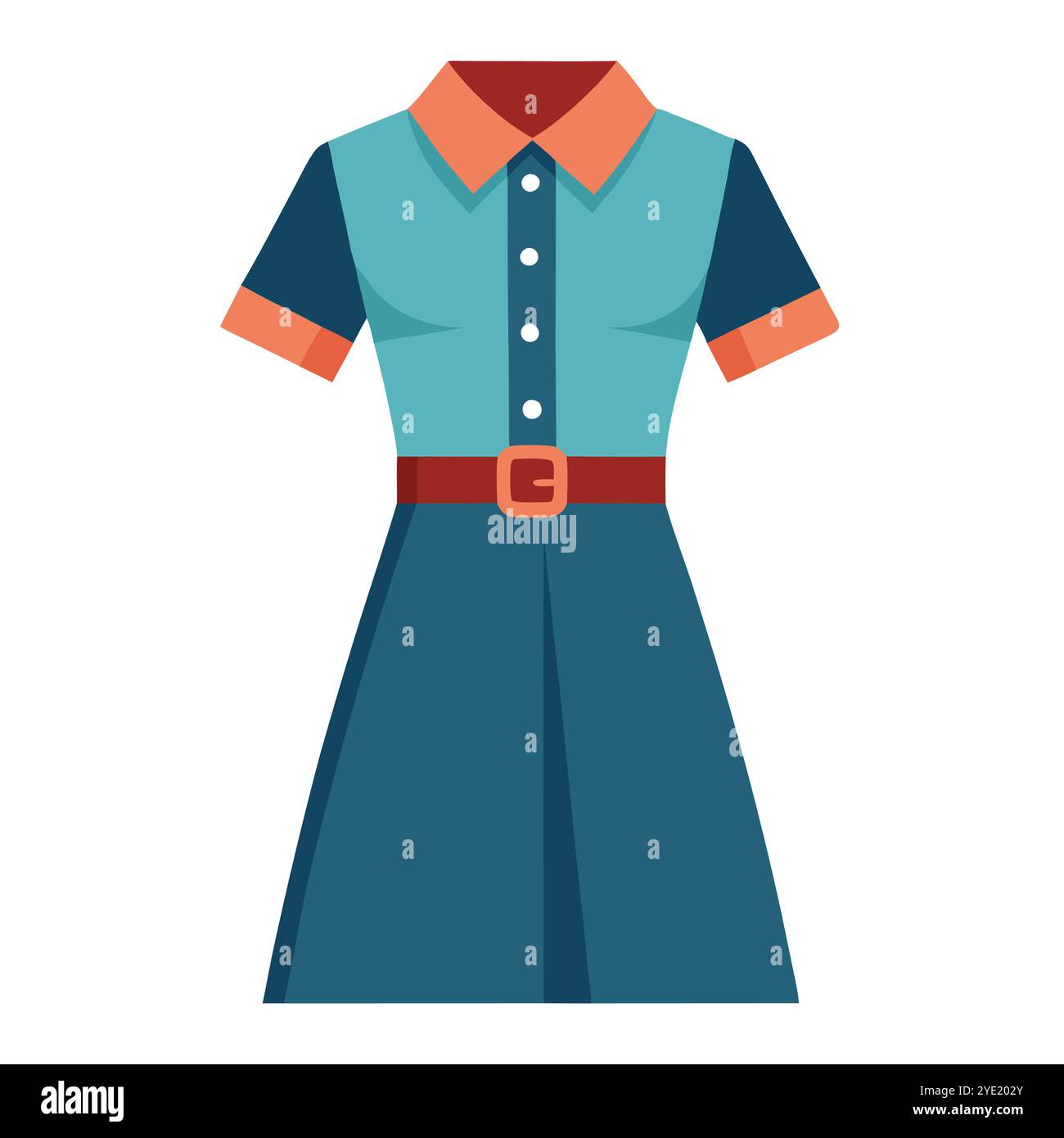 Blaublaues Kleid Vektor Illustration mit Kragen und Gürtel Stock Vektor